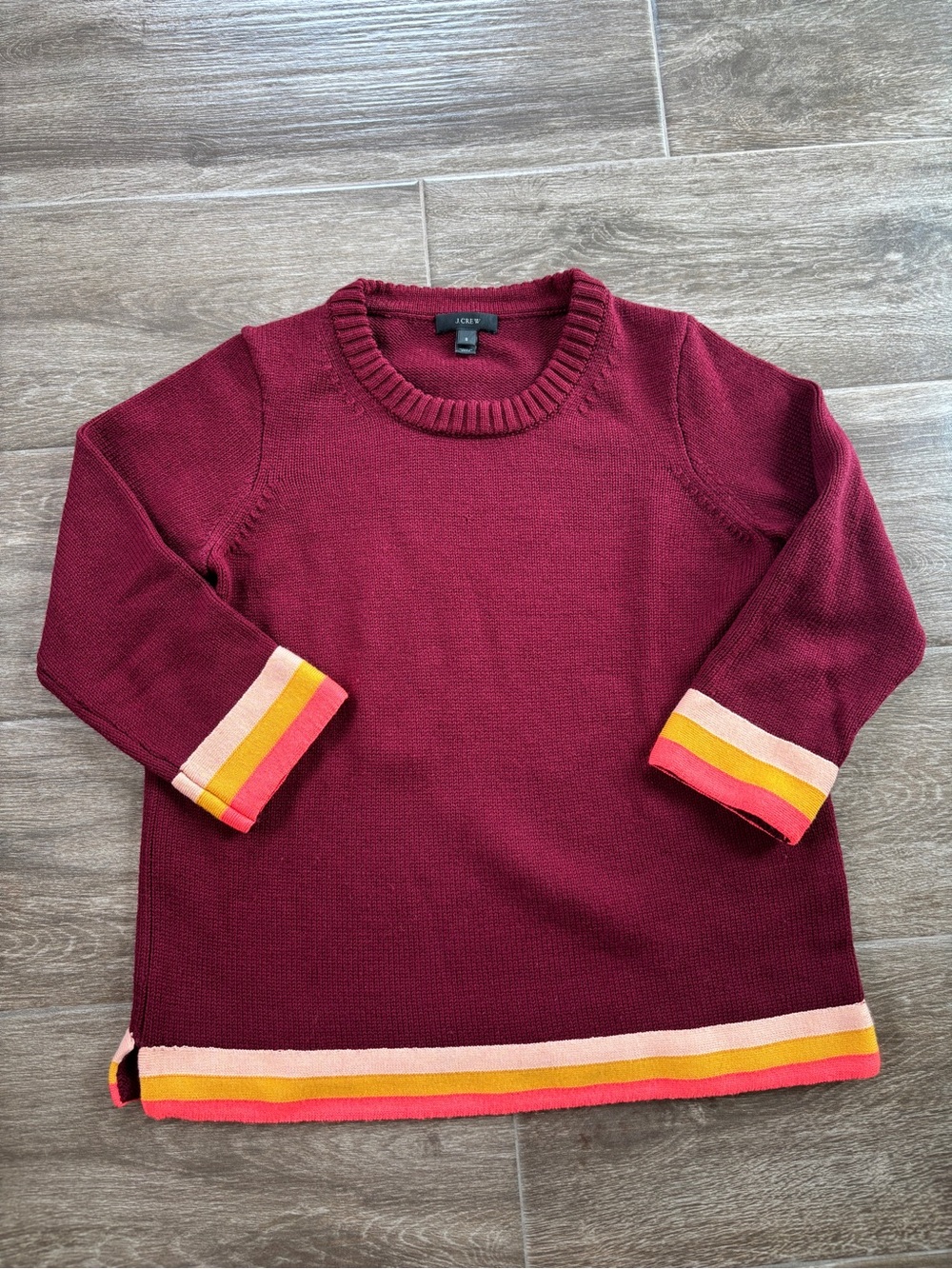 J. Crew Women's S Burgundy with Neon Stripe Trim Sweater 3/4 Sleeve Wool Retro